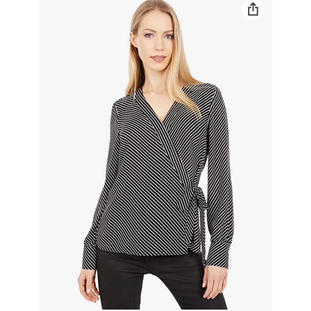 Vince Camuto Long Sleeve Side Tie Diagonal Stripe Wrap Blouse Size L NWT
